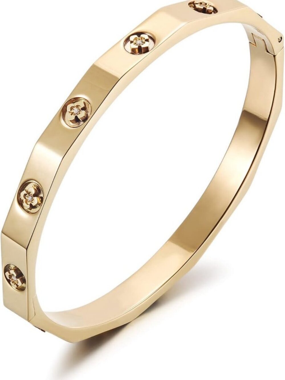 Gold Plated Four Leaf Clover Cuff Bangle - Unisex Stainless Steel Jewelry